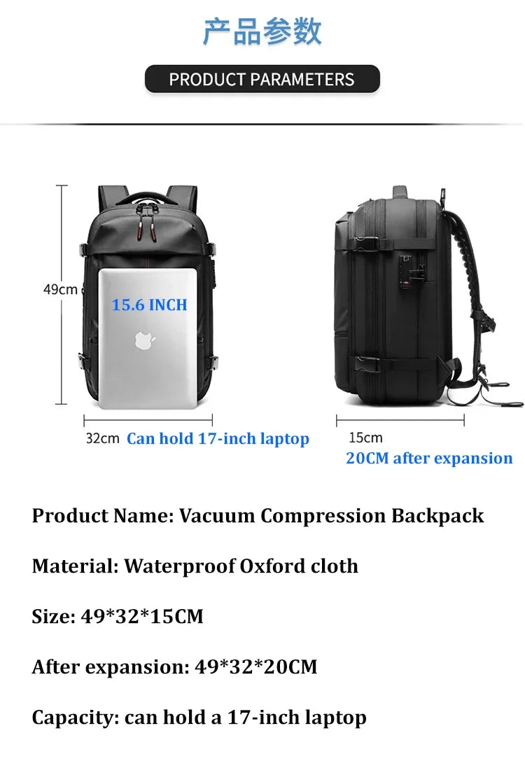 Backpack Man Travel Vacuum Compression With Electric Pump 17in Laptop Bag Waterproof Storage Expandable Fashion Casual Back Pack